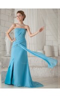 Blue Natural A-line Strapless Chiffon Sweep Bridesmaid Dress