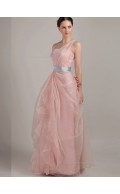 Pink Tulle A-line One Shoulder Empire Floor-length Bridesmaid Dress