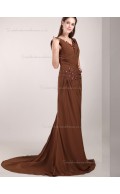 Brown V-neck Chiffon Sweep Mermaid Natural Bridesmaid Dress
