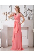 Watermelon Column / Sheath V-neck Natural Chiffon Floor-length Bridesmaid Dress