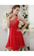 Red One Shoulder Short-length A-line Empire Chiffon Bridesmaid Dress