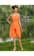 Orange V-neck Chiffon Natural A-line Knee-length Bridesmaid Dress