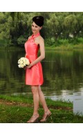 Watermelon Short-length Natural Halter Column / Sheath Satin Bridesmaid Dress