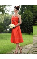 Orange Spaghetti Straps Satin Tea-length A-line Empire Bridesmaid Dress