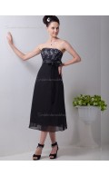 Black A-line Strapless Chiffon Empire Tea-length Bridesmaid Dress