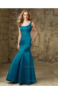 Cheap Blue Satin Floor-length Lace Bridesmaid Dress
