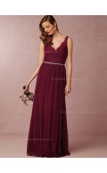 Cheap Burgundy Beading A-line Chiffon V-neck Bridesmaid Dresses