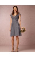 2016 Modest Lace V-neck Knee-length Silver Bridesmaid Dresses