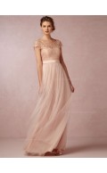 Elegant A-line Bateau Pearl Pink Cap Sleeve Bridesmaid Dresses