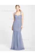 Elegant Floor-length Ruched Tulle Lilac Bridesmaid Dresses