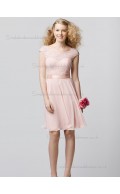 Cheap Stunning Short-length Lace Chiffon Belt Pink Bridesmaid Dresses