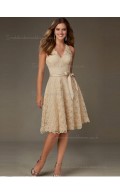 Budget Stunning Champagne Belt Short-length Lace Bridesmaid Dresses