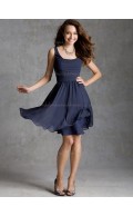 Fitted Short-length Dark Navy Chiffon Tiered Bridesmaid Dresses