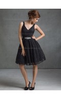 Fitted Girls Belt Lace Short-length Black Bridesmaid Dresses