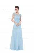 Cheap Discount Light Sky Blue Chiffon Bateau A-line Floor-length Lace Empire Bridesmaid Dress
