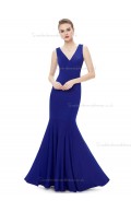 Vintage Amazing Royal Blue Satin V-neck Mermaid Floor-length Natural Bridesmaid Dress