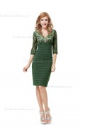 Vintage Celebrity Dark Green Satin V-neck Column Sheath Knee-length Lace Empire Bridesmaid Dress