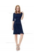 UK Stunning Dark Navy Chiffon Bateau A-line Knee-length Ruffles Empire Bridesmaid Dress