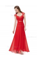 Vintage Red Chiffon V-neck A-line Floor-length Lace Beading Sash Empire Bridesmaid Dress