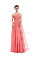 Cheap Girls Watermelon Chiffon One Shoulder A-line Floor-length Ruffles Empire Bridesmaid Dress