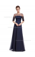 Cheap Dark Navy A-line Chiffon Lace Floor-length Bateau Bridesmaid Dress