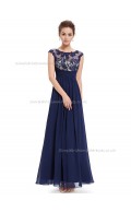 UK Dark Navy A-line Chiffon Lace Floor-length Bateau Bridesmaid Dress