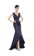 Vintage Amazing Dark Navy Satin Lace Floor-length V-neck Bridesmaid Dress