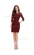 Beautiful Amazing Burgundy Column / Sheath Lace Short-length Bateau Bridesmaid Dress