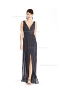 Fitted A-line Chiffon Draped Floor-length V-neck Black Bridesmaid Dress