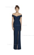 Vintage Stunning Satin Off-the-shoulder Dark Navy Split Column / Sheath floor-length Bridesmaid Dress