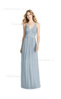 Budget V-neck Ruffles / Beading A-line Chiffon mist Floor-length Bridesmaid Dress