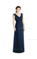 Elegant Amazing A-line Tiered Dark Navy Chiffon V-neck Floor-length Bridesmaid Dress