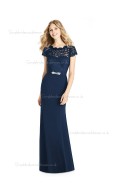 Elegant Amazing Column / Sheath Belt / Beading / Lace Satin Dark Navy floor-length Bridesmaid Dress