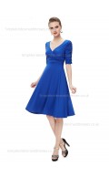 Girls V-neck Chiffon A-line Empire Knee-length Half-Sleeve Ruffles Royal Blue Bridesmaid Dress