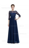 Fitted Discount Half-Sleeve Floor-length Natural A-line Dark Navy Chiffon Lace Bateau Bridesmaid Dress