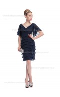 Budget Tiered Dark Navy Knee-length Chiffon Half-Sleeve Empire Column Sheath V-neck Bridesmaid Dress