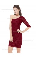 Elegant Amazing Lace One Shoulder Natural Column Sheath Burgundy Half-Sleeve Applique Knee-length Bridesmaid Dress