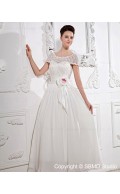 Sleeve Satin A-Line Short Empire Zipper Ankle Length Ivory Bateau Lace / Beading / Hand Made Flower Wedding Dress