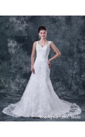 Court Natural Satin / Lace Backless Beading / Applique A-Line Sleeveless V Neck Ivory Wedding Dress