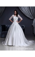 Short Zipper A-Line / Ball Gown Sleeve Satin / Lace Ivory Chapel Natural Lace / Applique V Neck Wedding Dress