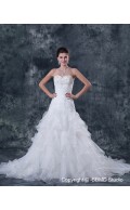 Natural Sleeve Organza Sweetheart Lace Up Ivory Short Beading / Ruffles A-Line Court Wedding Dress