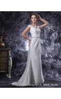 Sleeveless Ivory Taffeta Natural Zipper Column / Sheath Sweep V Neck Beading / Ruffles Wedding Dress