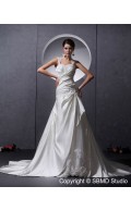 Ivory A-Line Sleeveless Ruffles / Beading / Applique / Buttons Zipper Sweetheart Chapel Satin Natural Wedding Dress