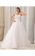 Natural Satin / Organza Sleeveless Applique / Beading Halter Zipper A-Line / Ball Gown Floor-length Ivory Wedding Dress