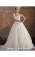 Ivory Ruffles / Applique / Beading / Hand Made Flowers Lace Up A-line Sleeveless Satin / Tulle One Shoulder Empire Sweep Wedding Dress