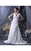 Natural Ivory A-Line Sleeveless V Neck Ruffles Court Lace Up Satin Wedding Dress