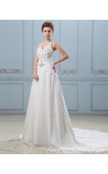 Empire Sleeveless Cathedral V Neck Ivory Backless Applique / Beading A-Line Satin / Chiffon Wedding Dress