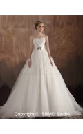 Satin / Tulle Empire Lace Up Sleeveless Sweep A-line Sweetheart Ruffles / Applique / Beading Ivory Wedding Dress