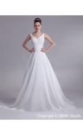 Chapel Ruffles A-line Sleeveless Natural Satin Straps Lace Up Ivory Wedding Dress