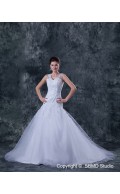 Beading / Appliques Sleeveless A-Line Tulle / Satin Court Natural Ivory V Neck Zipper Wedding Dress